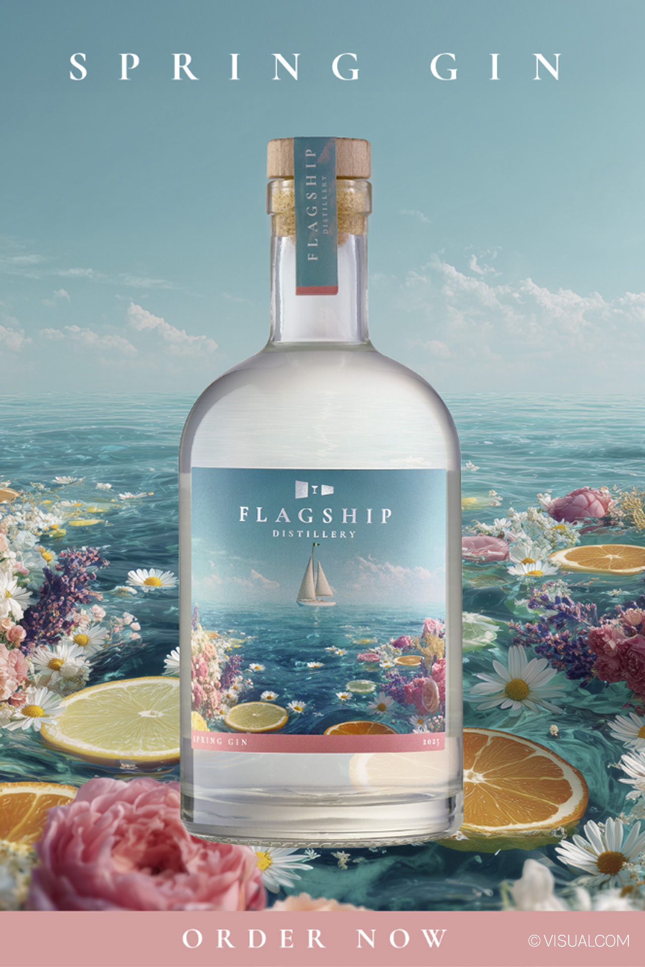 A bottle of Flagship Distillery Spring Gin stands amid water, flowers, citrus slices, and floating petals under a clear sky. The label shows a sailboat at sea with floral and citrus accents. Text reads “Spring Gin” and “Order Now.”.