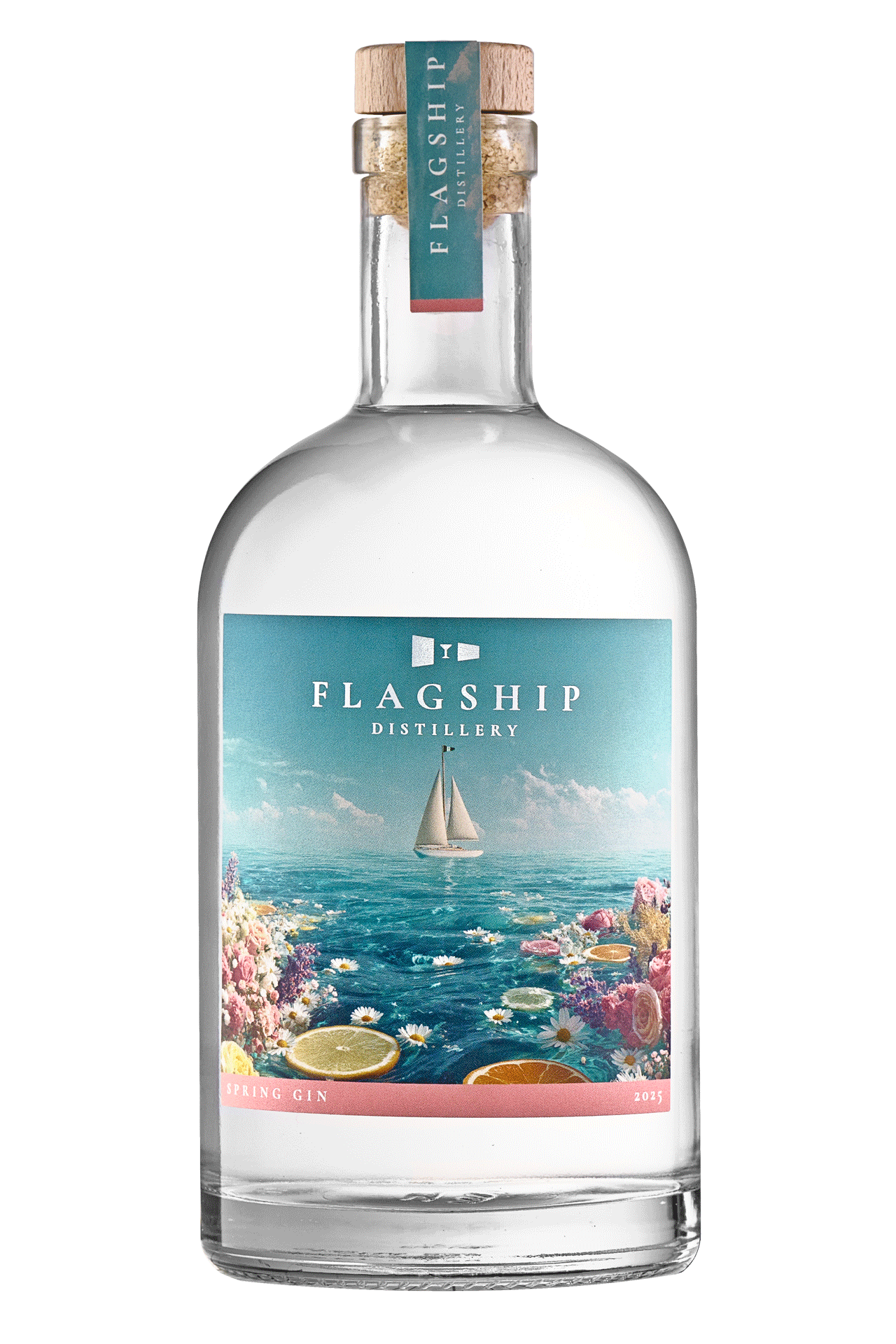 A clear glass bottle of Flagship Distillery gin features a label with an ocean scene, a sailboat, and colorful flowers in the foreground. The bottle has a cork stopper and a blue neck label.