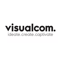Logo for visualcom. in bold lowercase letters, with the tagline ideate. create. captivate in smaller text below. The design is simple, with black text on a white background.