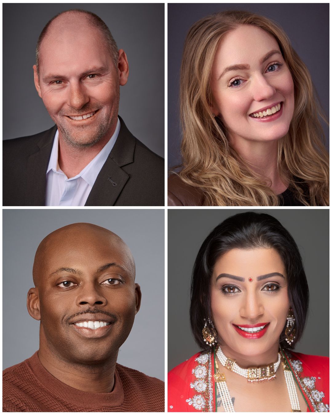 A collage of four professional headshots: a bald man in a suit, a smiling blonde woman, a man with short hair in a brown shirt, and a woman with black hair in a red and white outfit with jewelry.