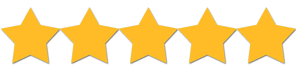 Five large yellow stars in a row on a black background, symbolizing a five-star rating or top-quality review.
